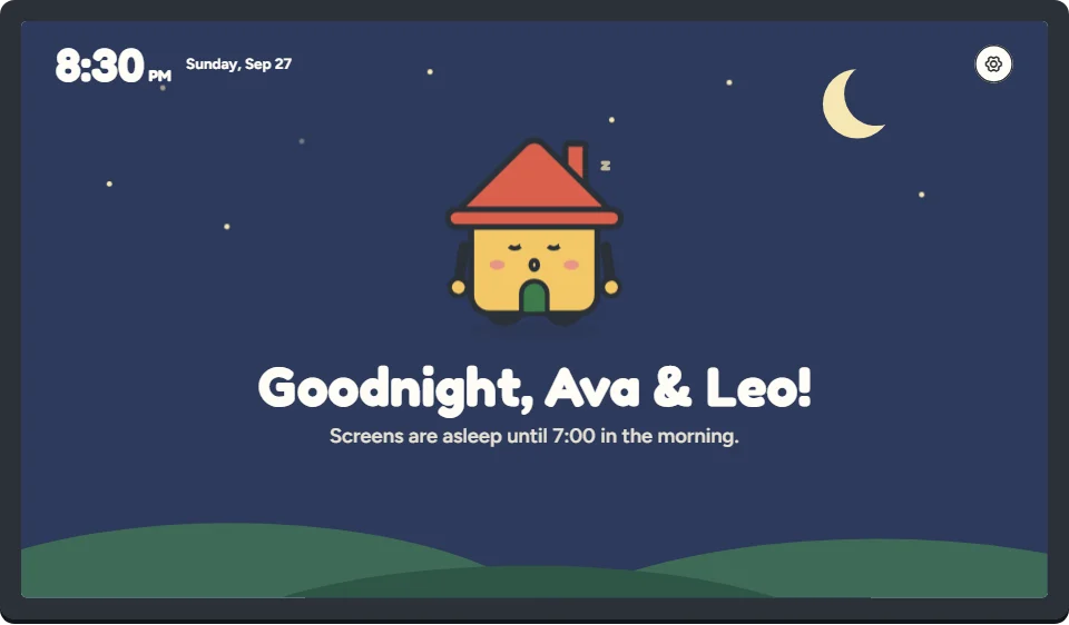 The Board at bedtime: a starry night sky with Homey asleep.