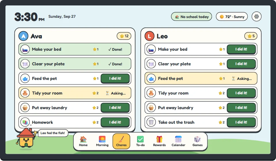 The Board’s chores screen: jobs for each kid, some done, some waiting for a grown-up’s OK.