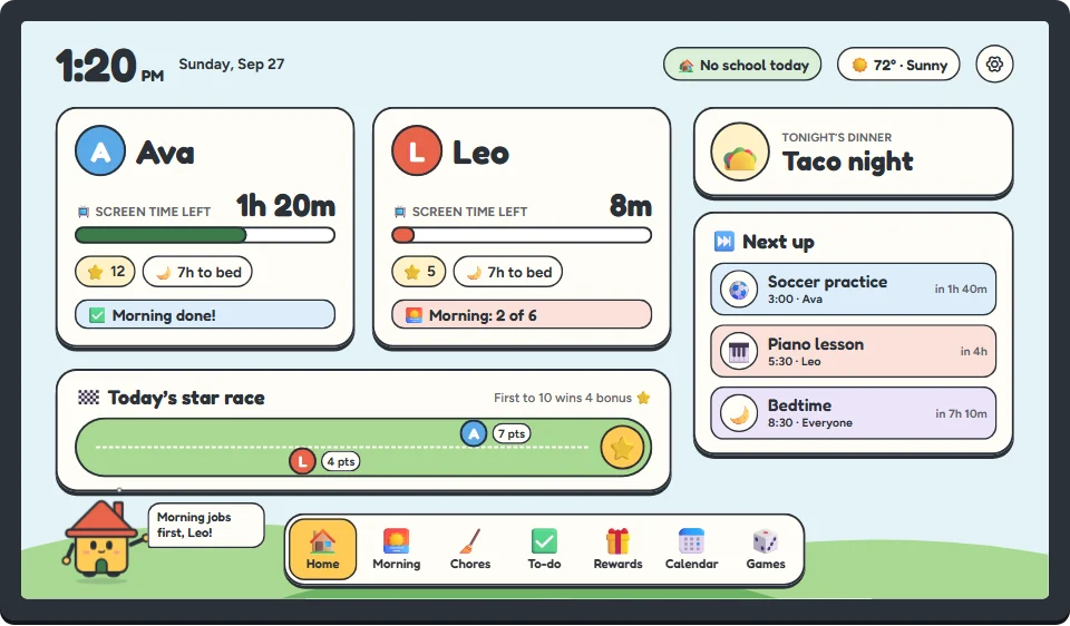 The Board’s home screen: each kid’s card with screen time left and stars, a star race, tonight’s dinner and what’s next.