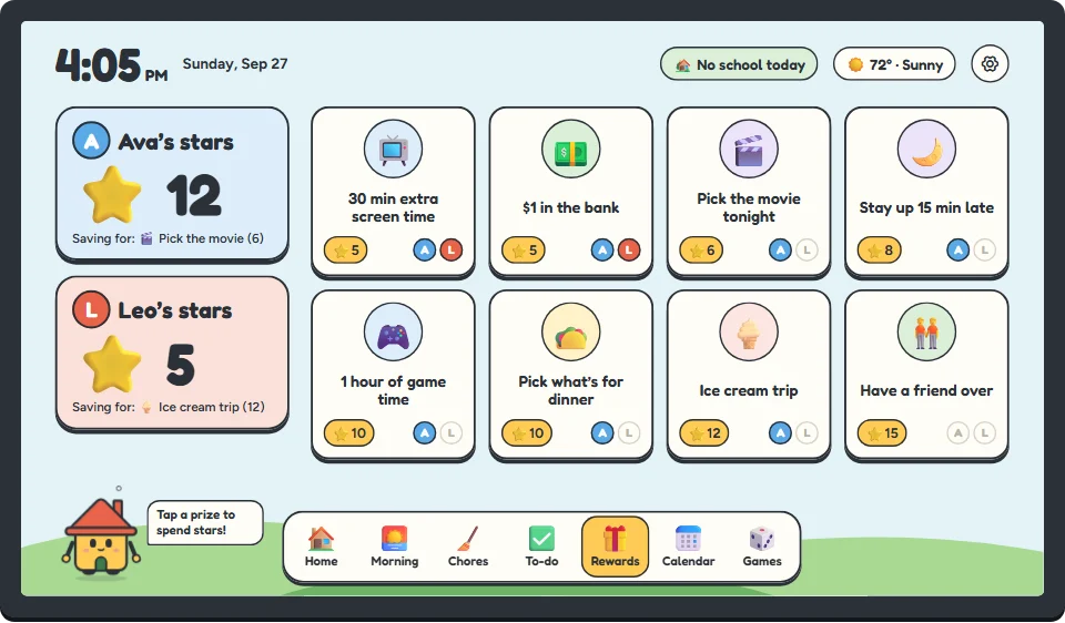 The Board’s rewards screen: prizes with star prices, lit up for the kids who can afford them.