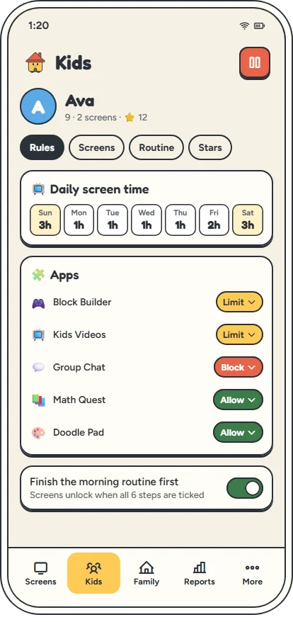 The Parent app’s rules for one kid: daily time for each day of the week, app rules, and a morning-routine-first switch.